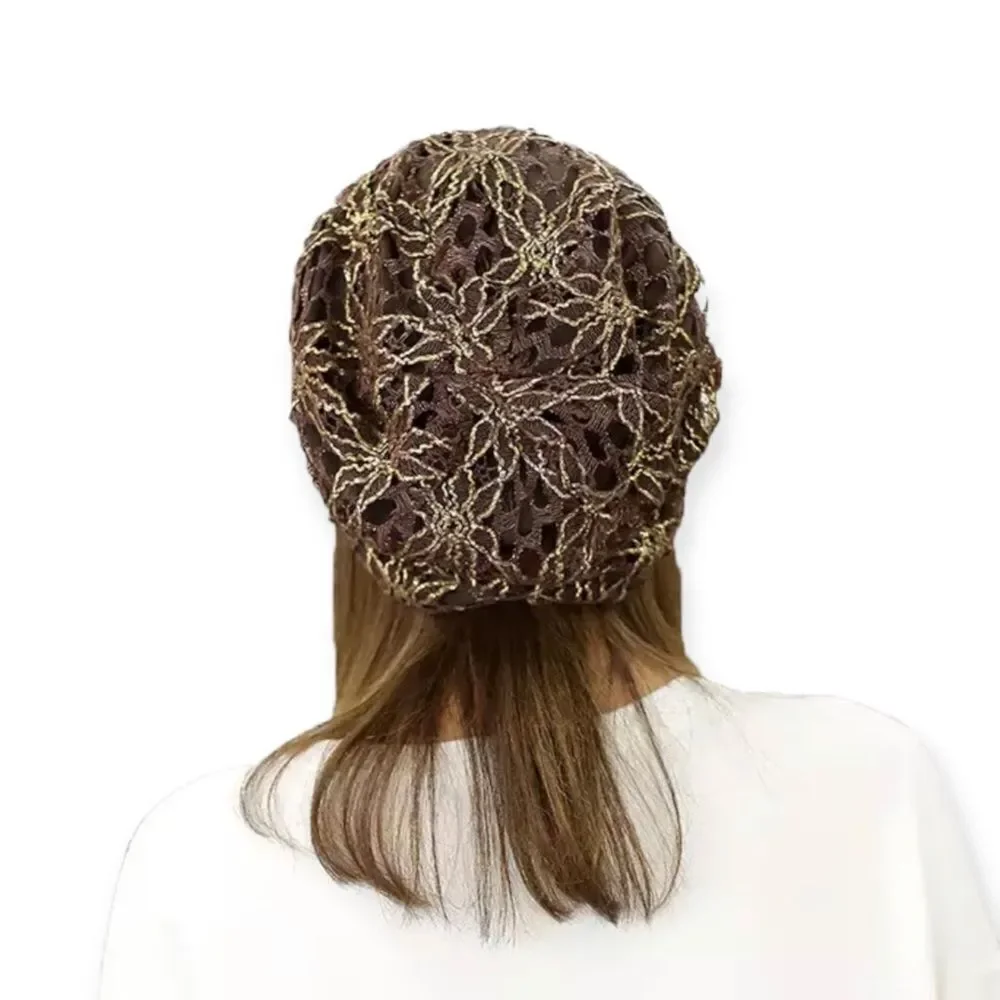 Brown Lace Lightweight Floral Sequins Design Skullcap Beanie- NEW